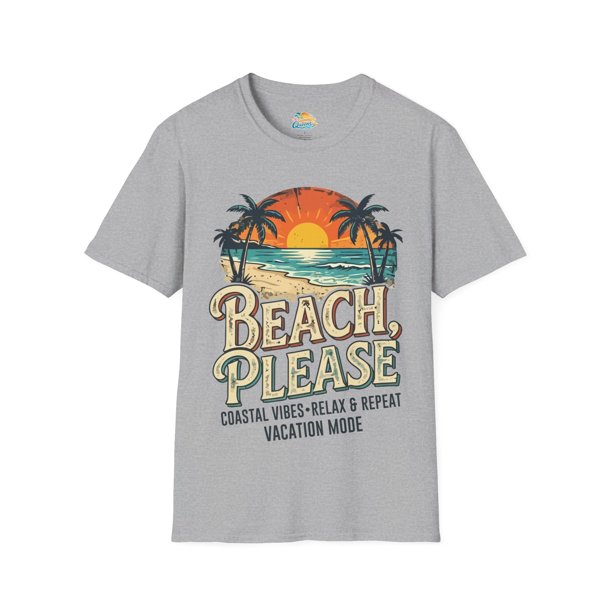 Beach Please Coastal Vibes Vacation Mode T-Shirt – Vintage Sunset Palm Coastal Vibes Vacation Tee