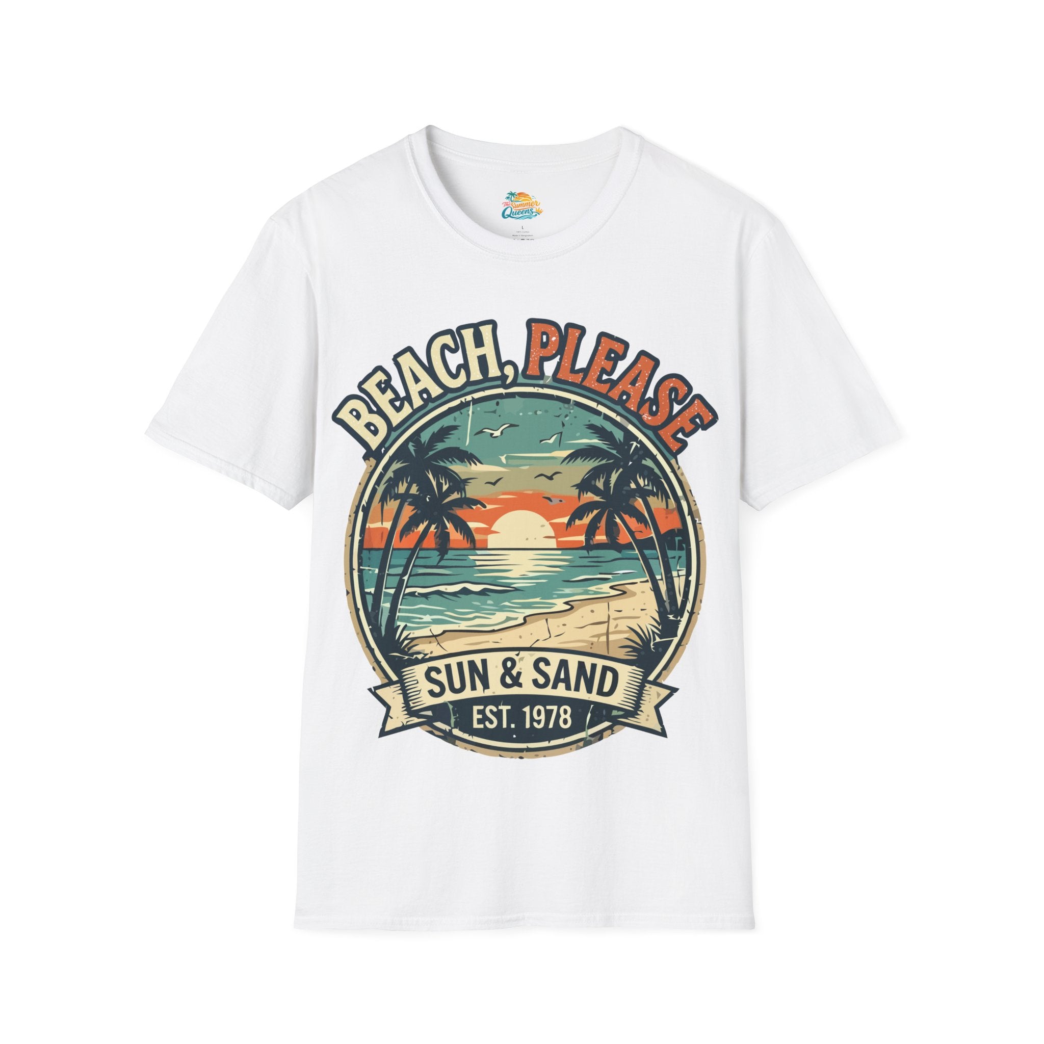 Beach, Please Sun & Sand T-Shirt — Retro Palm Tree Sunset Tee