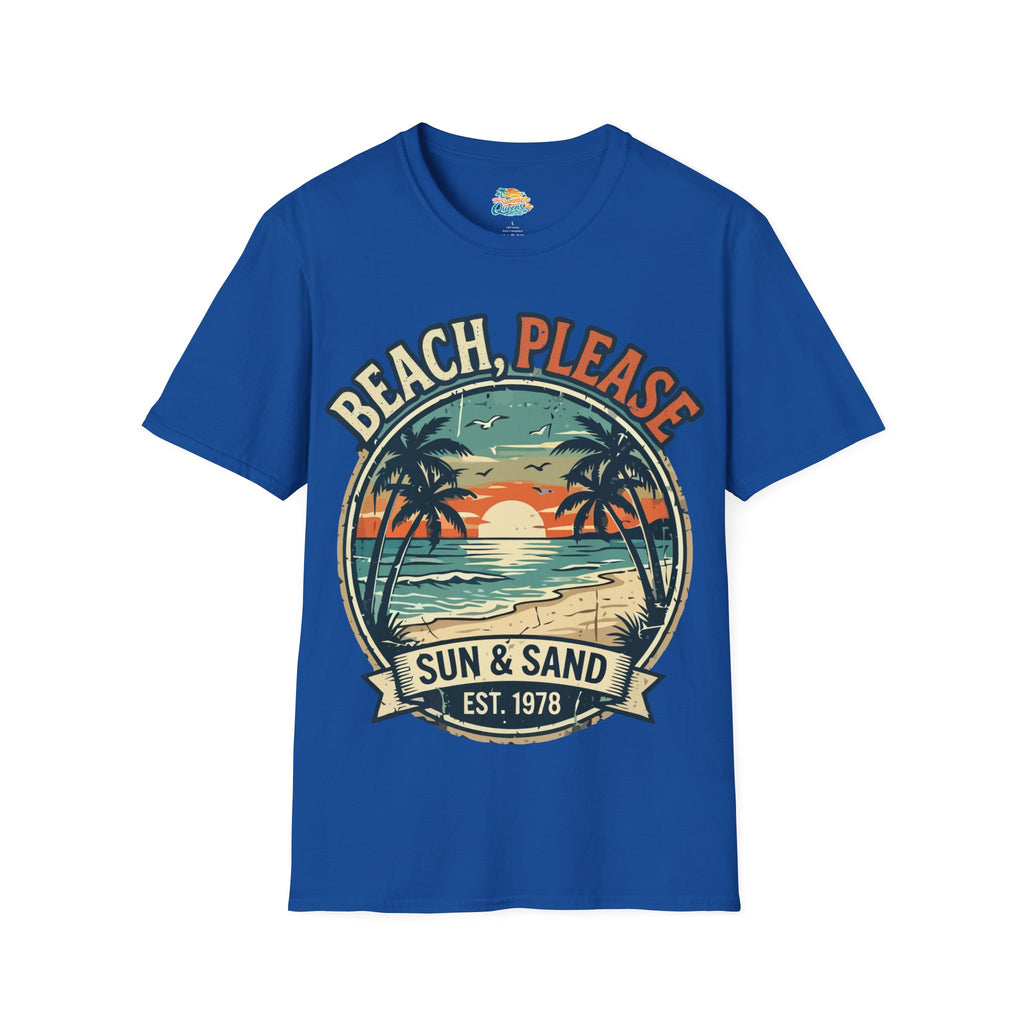Beach, Please Sun & Sand T-Shirt — Retro Palm Tree Sunset Tee
