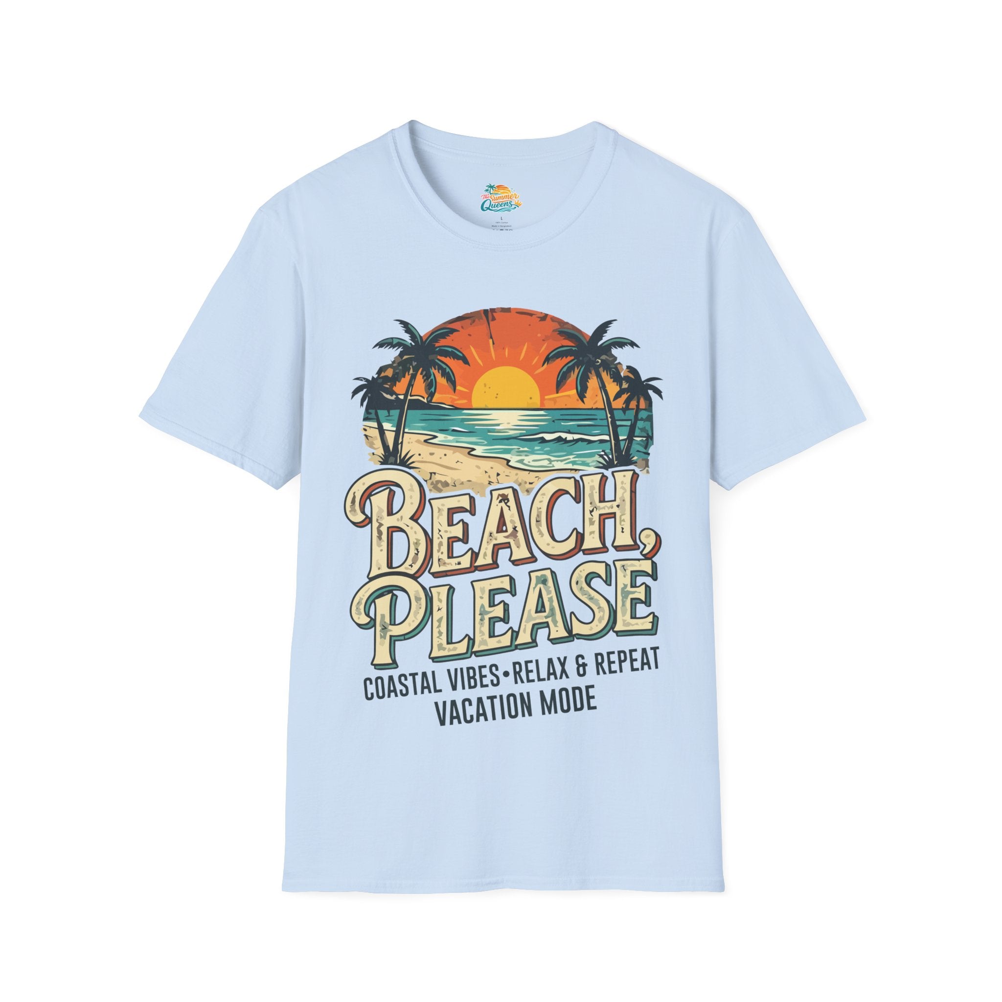 Beach Please Coastal Vibes Vacation Mode T-Shirt – Vintage Sunset Palm Coastal Vibes Vacation Tee