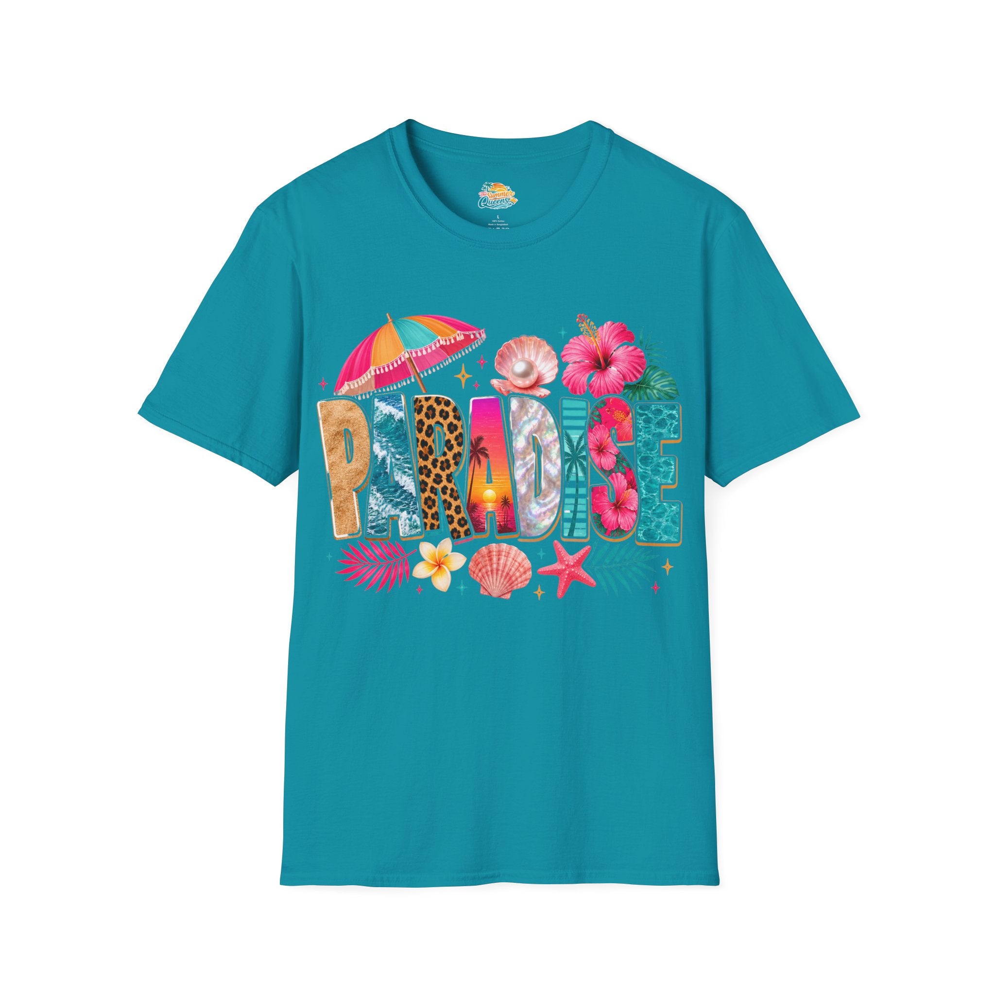 Paradise Beach Graphic T-Shirt — Tropical Shells & Hibiscus Vacation Tee