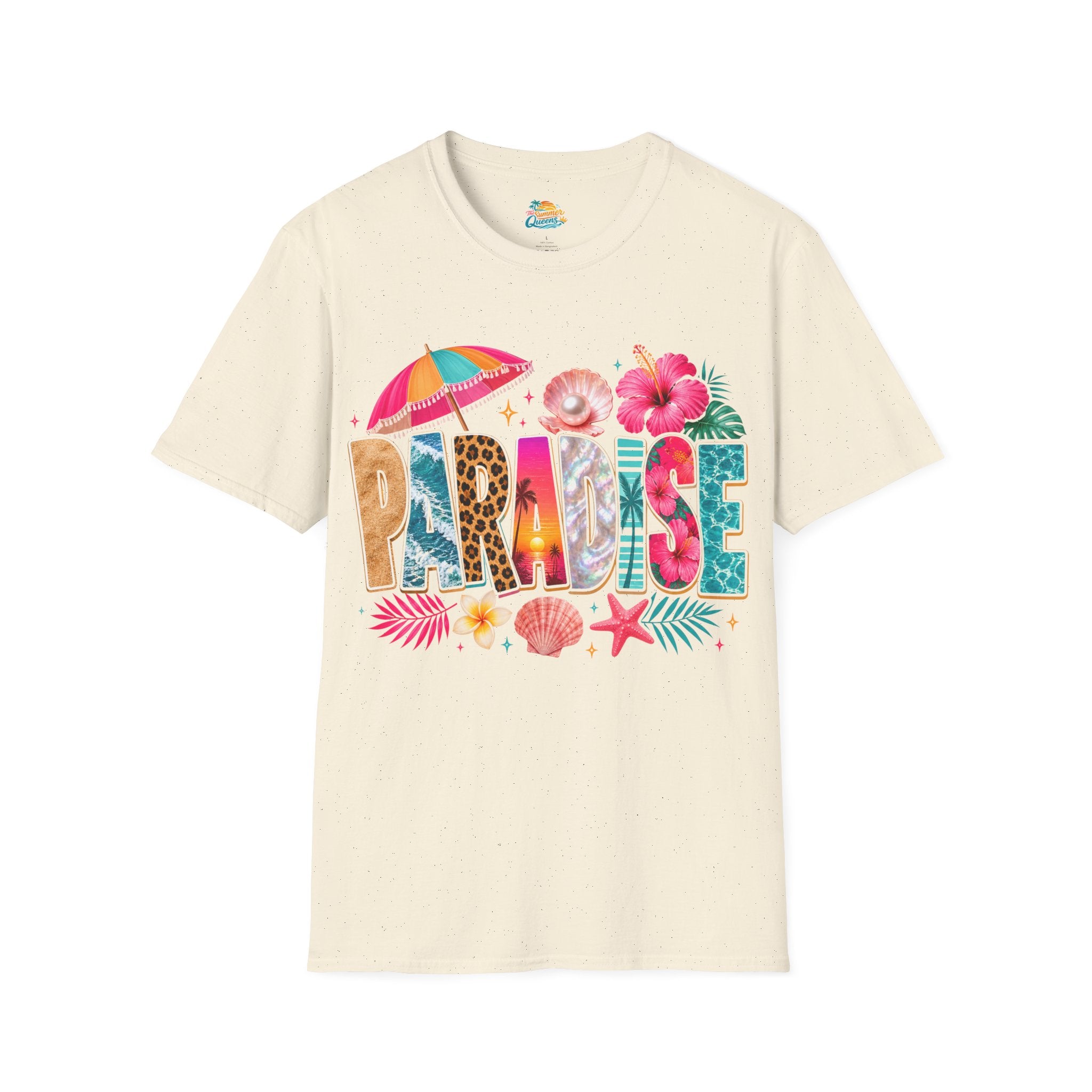 Paradise Beach Graphic T-Shirt — Tropical Shells & Hibiscus Vacation Tee