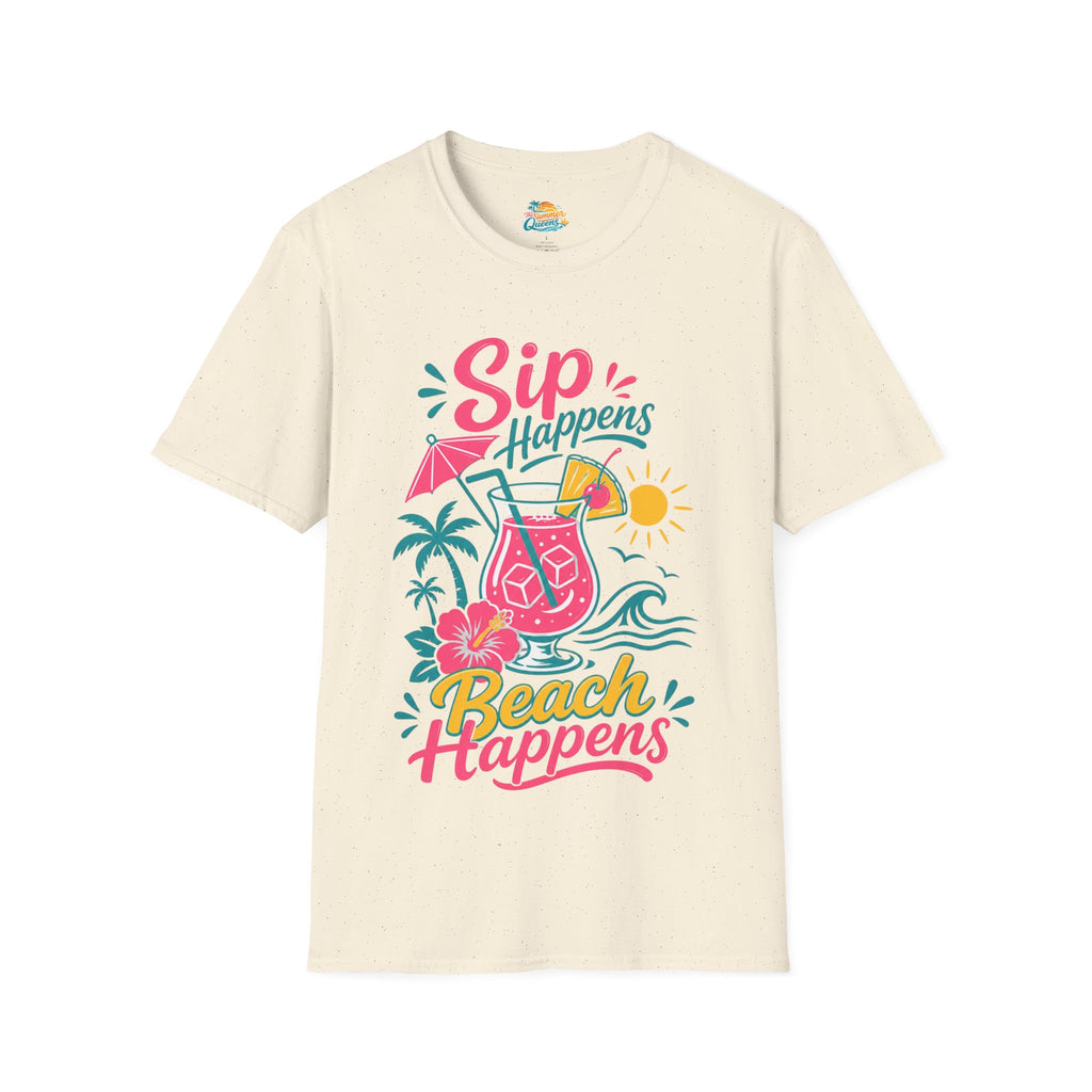 Sip Happens, Beach Happens T-Shirt — Tropical Vacation Cocktail Graphic Tee