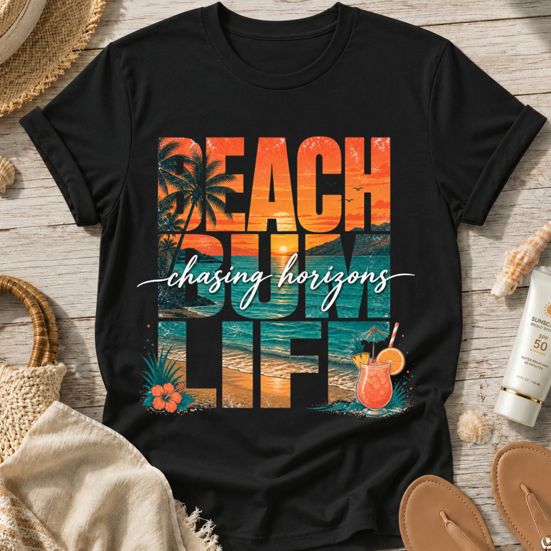 Beach Bum Life T‑Shirt — Tropical "Chasing Horizons" Graphic Tee