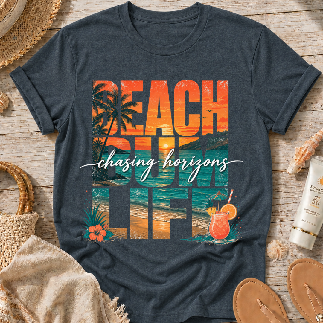 Beach Bum Life T‑Shirt — Tropical "Chasing Horizons" Graphic Tee