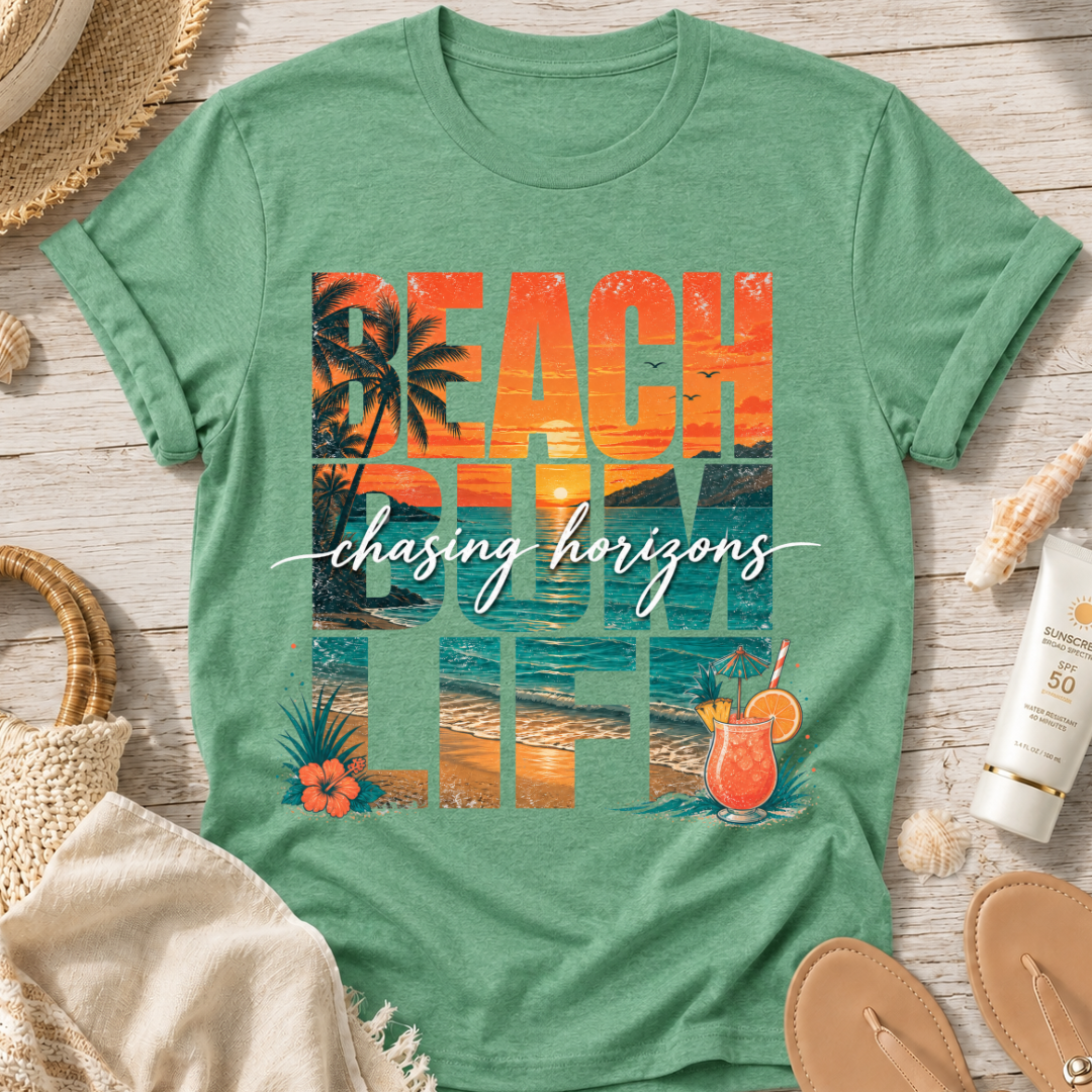 Beach Bum Life T‑Shirt — Tropical "Chasing Horizons" Graphic Tee