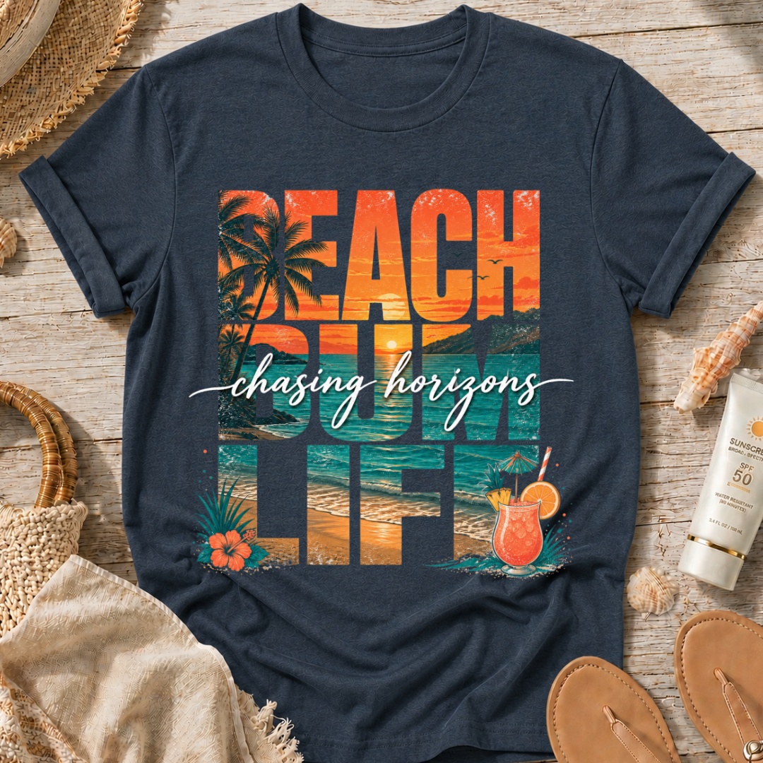 Beach Bum Life T‑Shirt — Tropical "Chasing Horizons" Graphic Tee