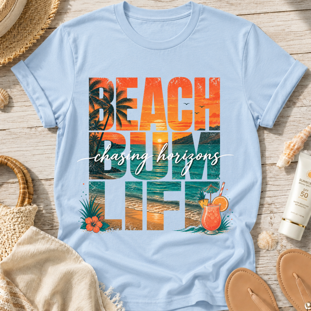 Beach Bum Life T‑Shirt — Tropical "Chasing Horizons" Graphic Tee