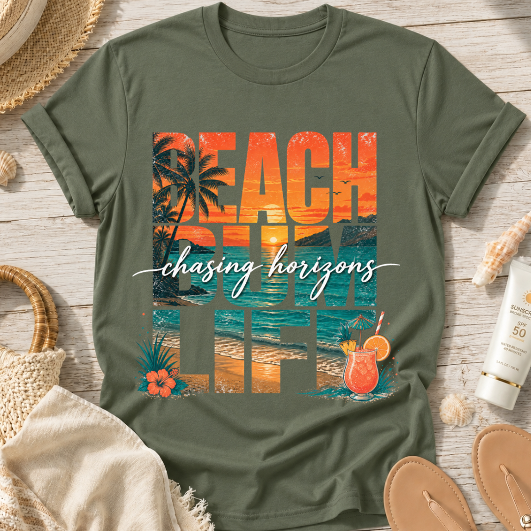 Beach Bum Life T‑Shirt — Tropical "Chasing Horizons" Graphic Tee