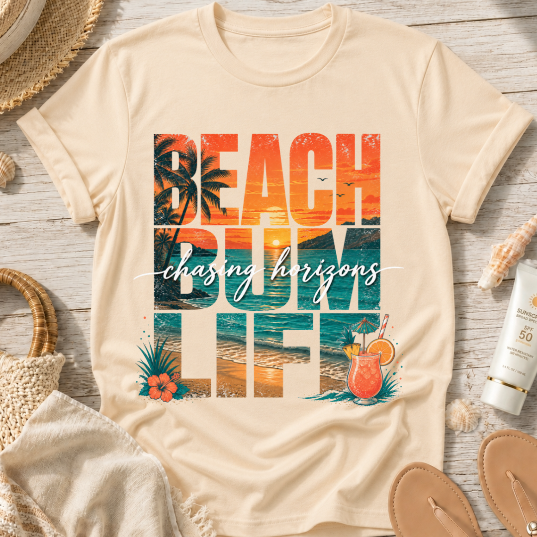 Beach Bum Life T‑Shirt — Tropical "Chasing Horizons" Graphic Tee