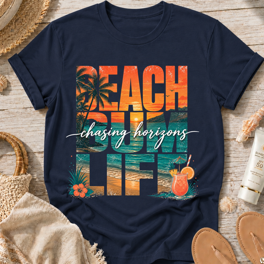Beach Bum Life T‑Shirt — Tropical "Chasing Horizons" Graphic Tee