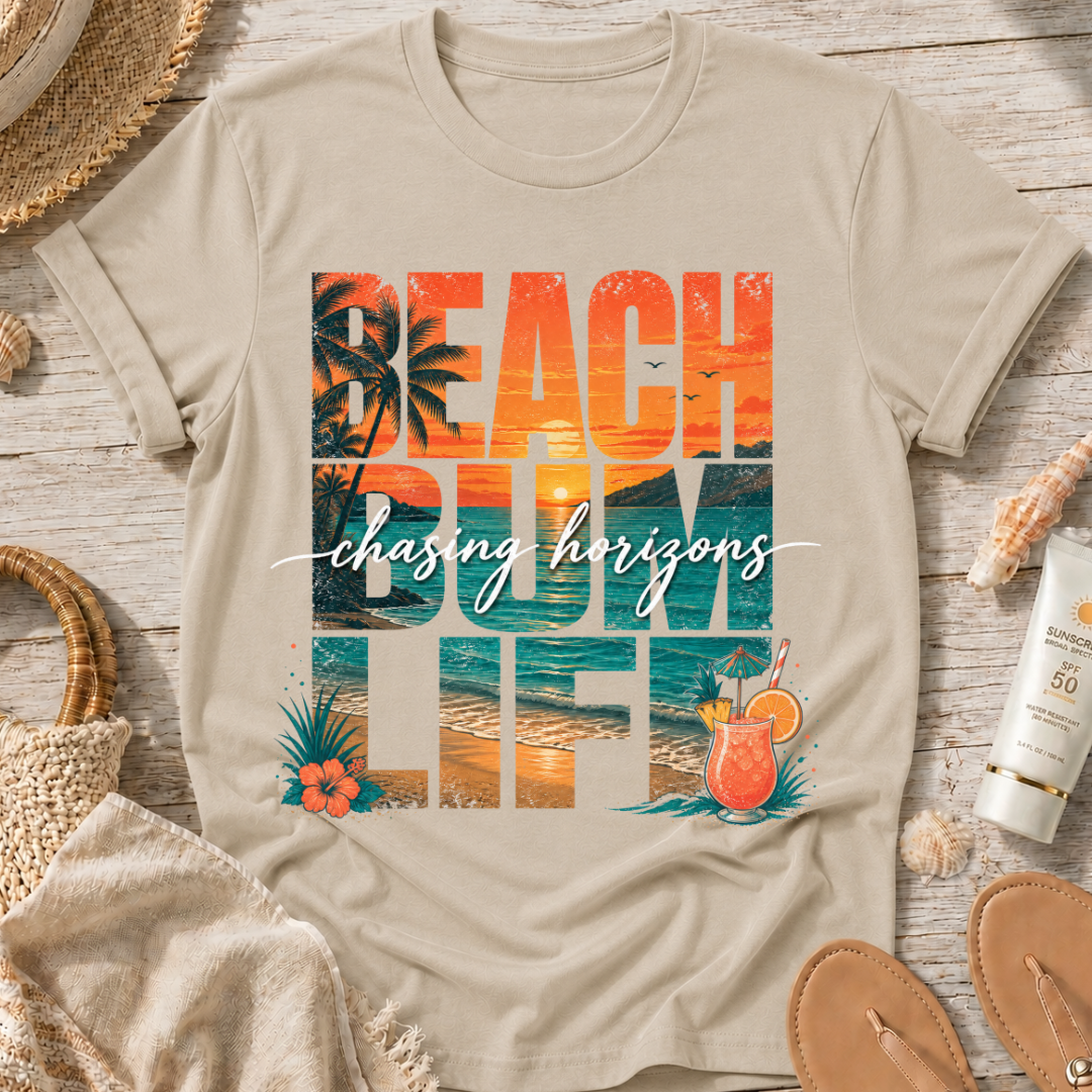 Beach Bum Life T‑Shirt — Tropical "Chasing Horizons" Graphic Tee
