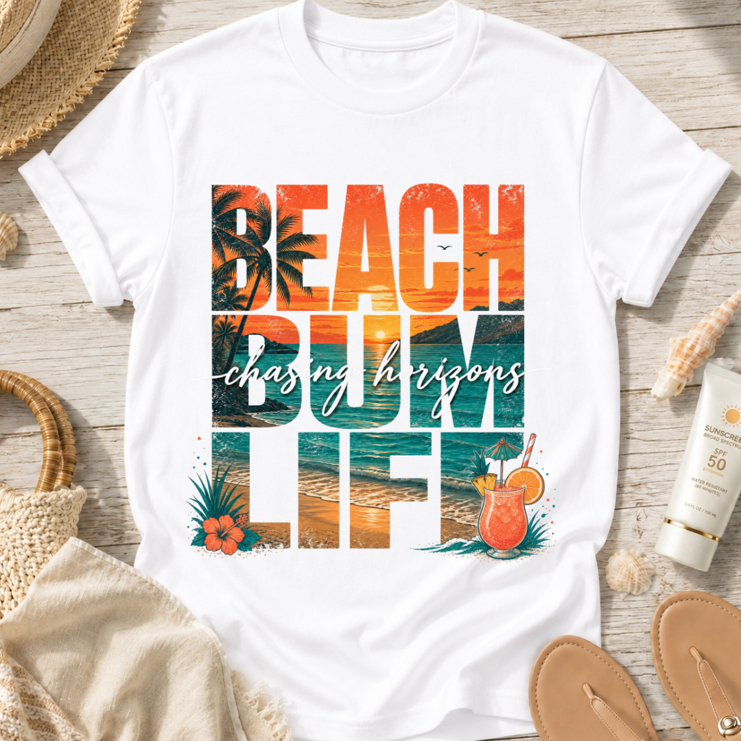 Beach Bum Life T‑Shirt — Tropical "Chasing Horizons" Graphic Tee