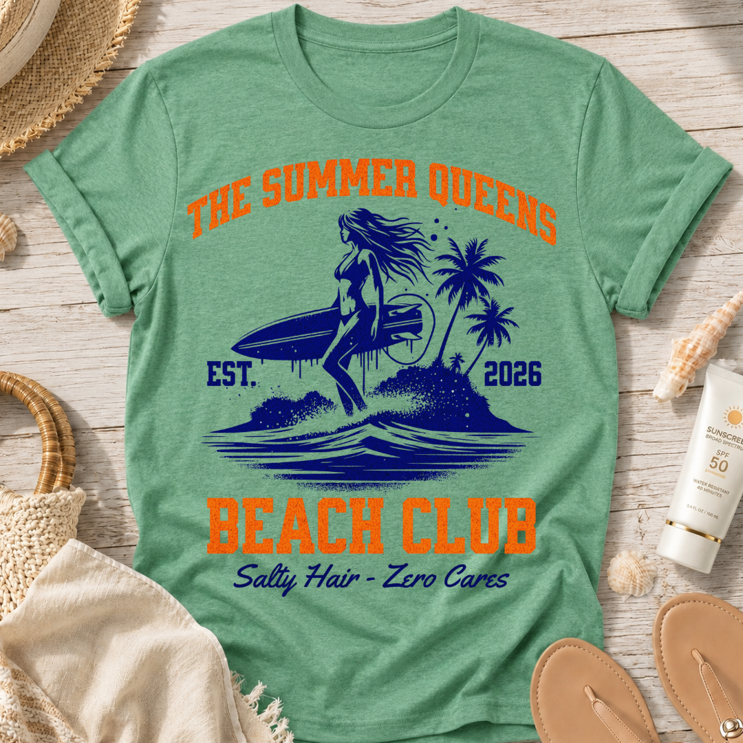 The Summer Queens Beach Club T-Shirt — Surf Graphic (Est. 2026)