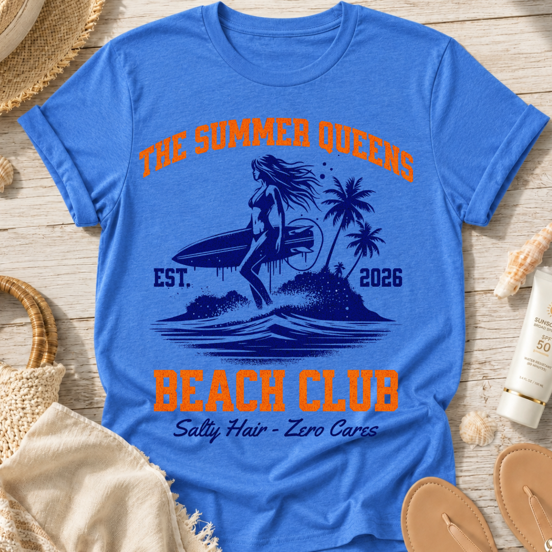 The Summer Queens Beach Club T-Shirt — Surf Graphic (Est. 2026)