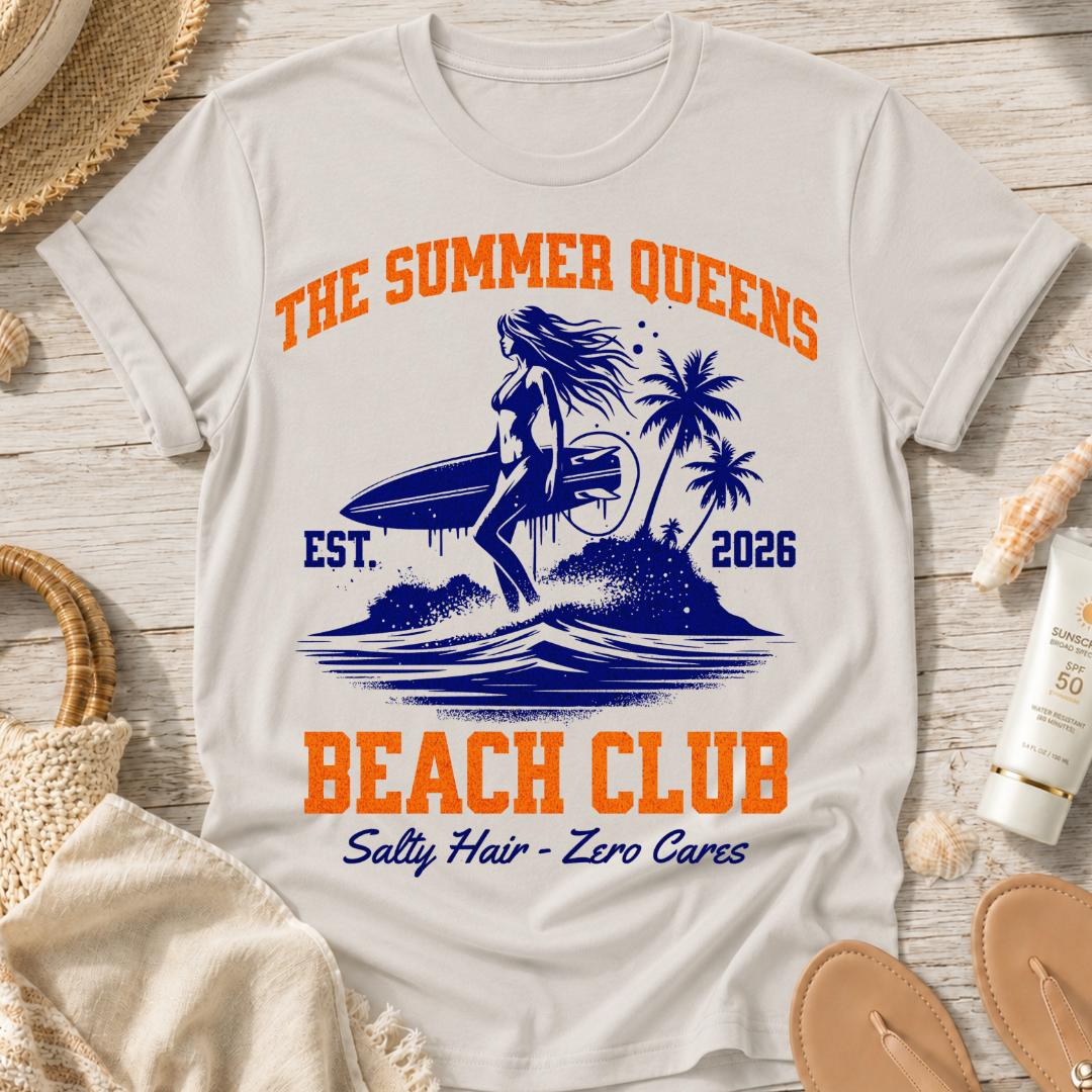 The Summer Queens Beach Club T-Shirt — Surf Graphic (Est. 2026)