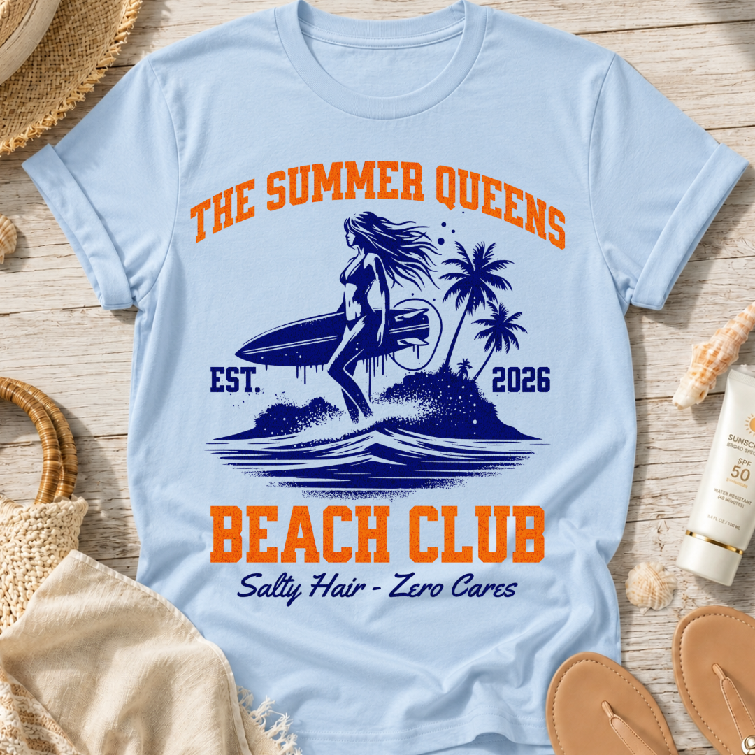 The Summer Queens Beach Club T-Shirt — Surf Graphic (Est. 2026)