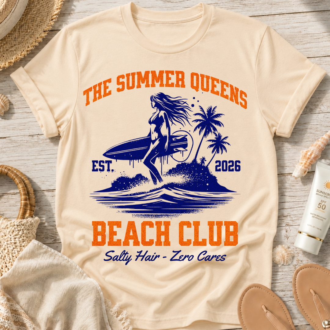 The Summer Queens Beach Club T-Shirt — Surf Graphic (Est. 2026)