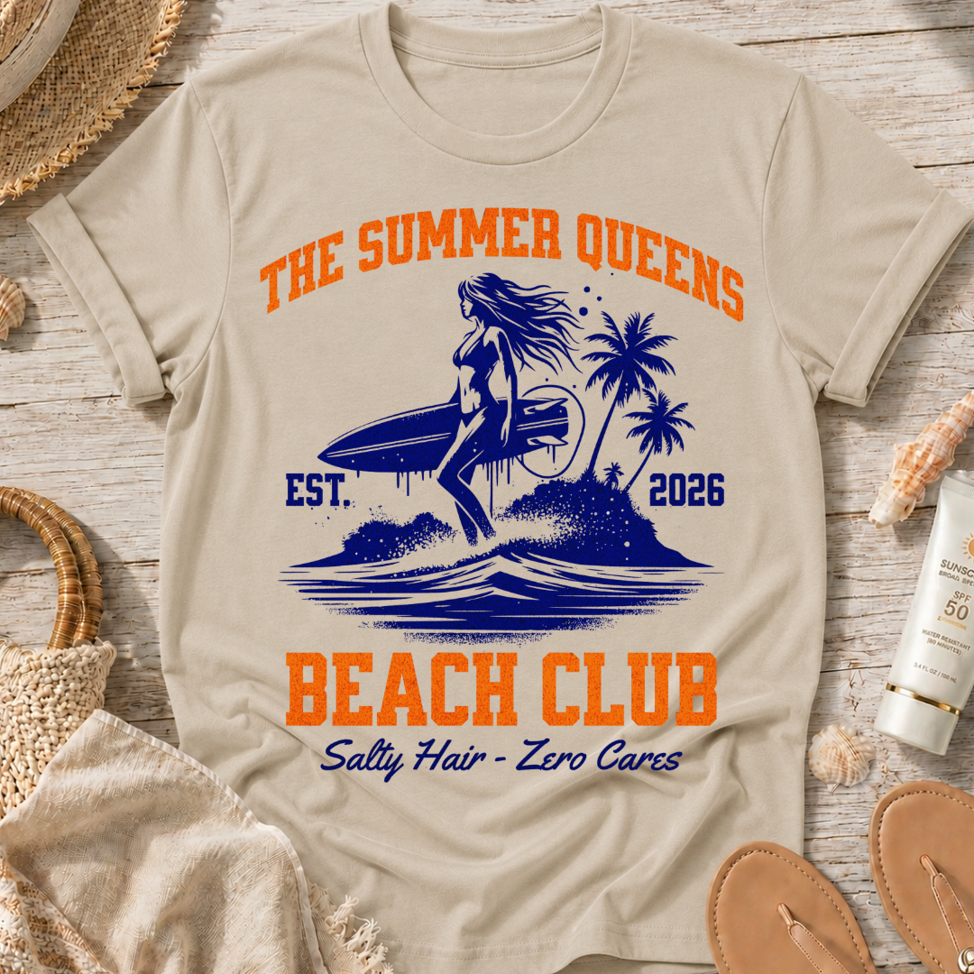 The Summer Queens Beach Club T-Shirt — Surf Graphic (Est. 2026)