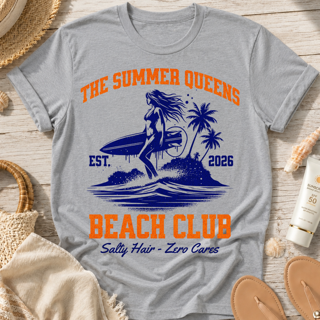 The Summer Queens Beach Club T-Shirt — Surf Graphic (Est. 2026)