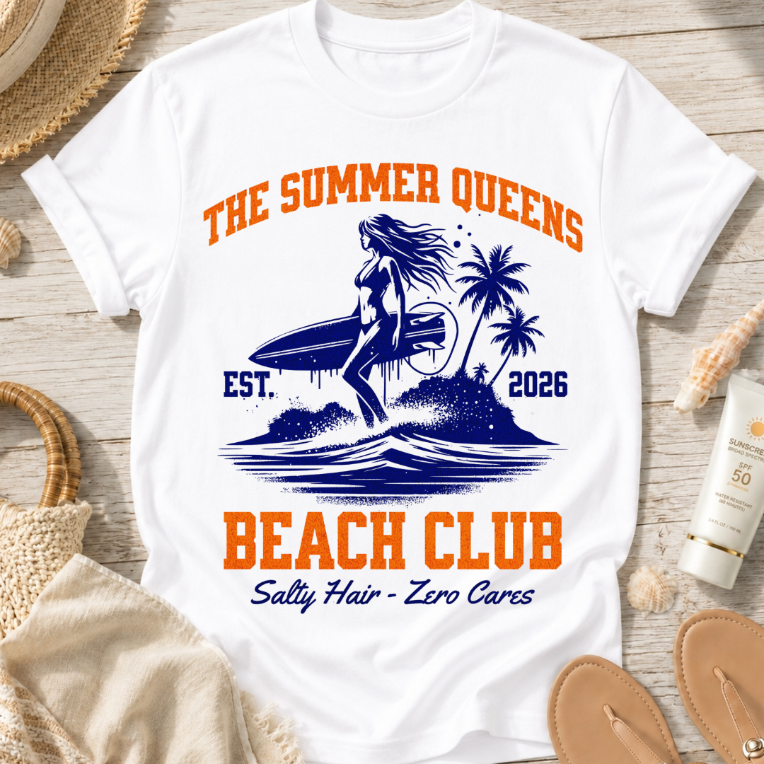 The Summer Queens Beach Club T-Shirt — Surf Graphic (Est. 2026)