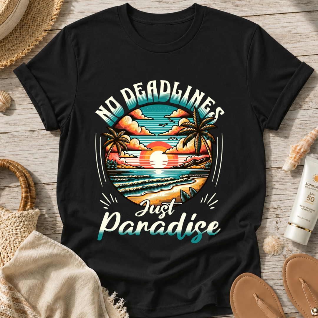 No Deadlines Just Paradise T-Shirt — Retro Sunset Beach Vacation Tee