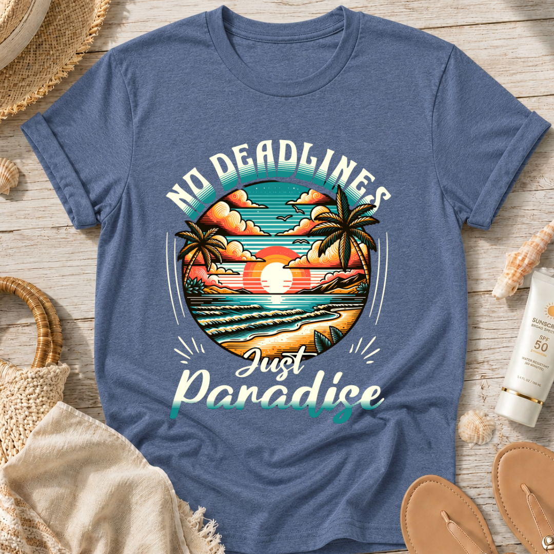 No Deadlines Just Paradise T-Shirt — Retro Sunset Beach Vacation Tee