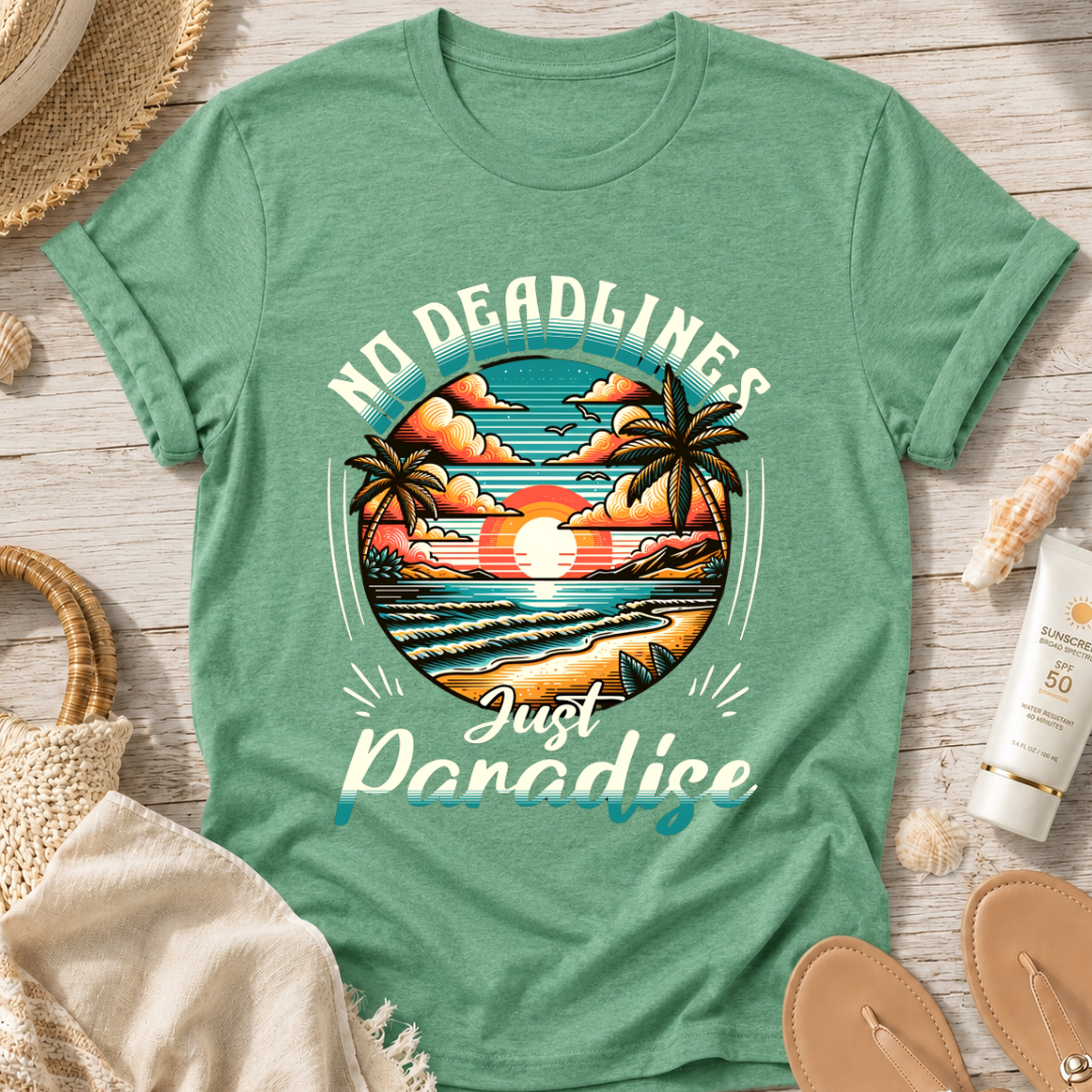 No Deadlines Just Paradise T-Shirt — Retro Sunset Beach Vacation Tee
