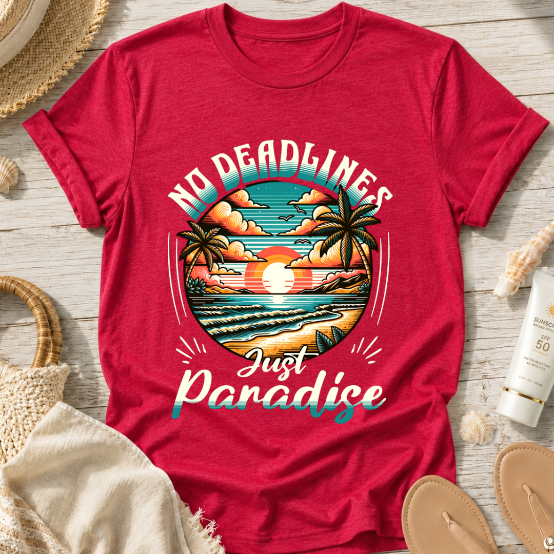 No Deadlines Just Paradise T-Shirt — Retro Sunset Beach Vacation Tee