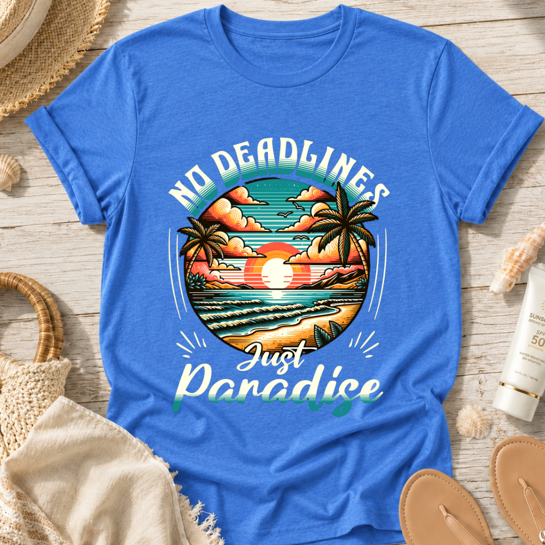 No Deadlines Just Paradise T-Shirt — Retro Sunset Beach Vacation Tee
