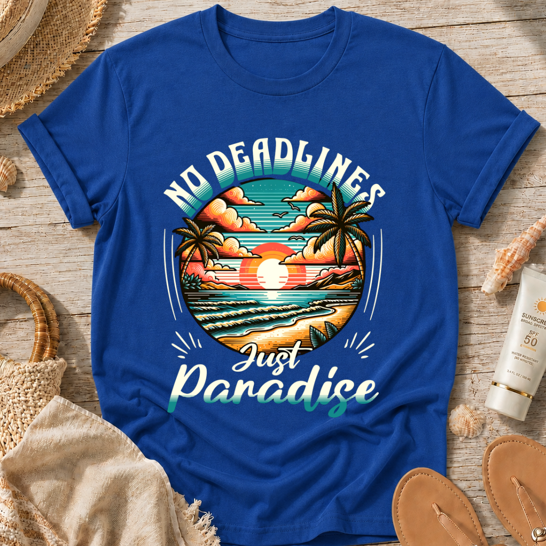 No Deadlines Just Paradise T-Shirt — Retro Sunset Beach Vacation Tee