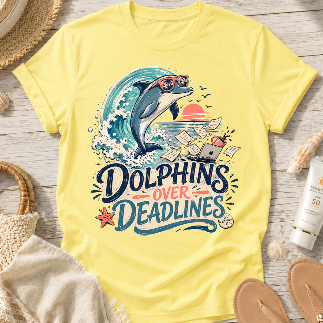 Dolphins Over Deadlines Beach T-Shirt