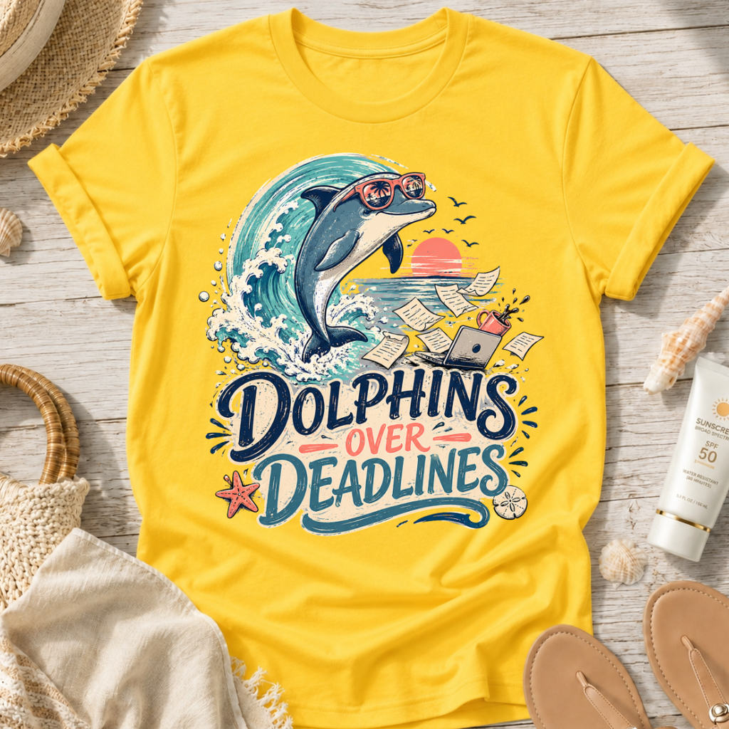 Dolphins Over Deadlines Beach T-Shirt