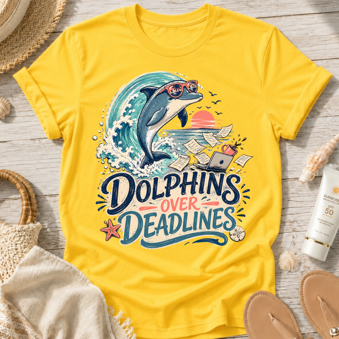 Dolphins Over Deadlines Beach T-Shirt