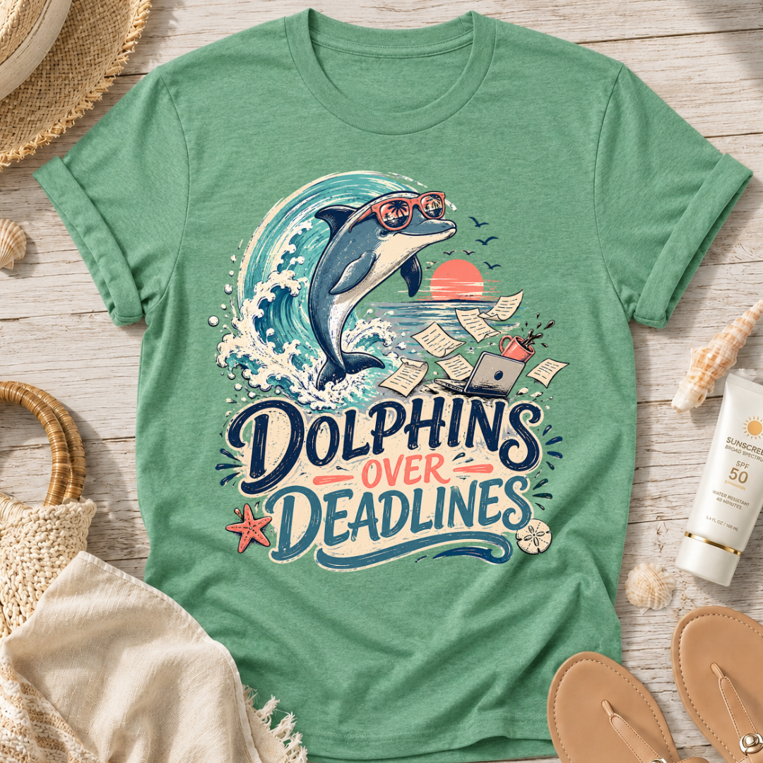 Dolphins Over Deadlines Beach T-Shirt