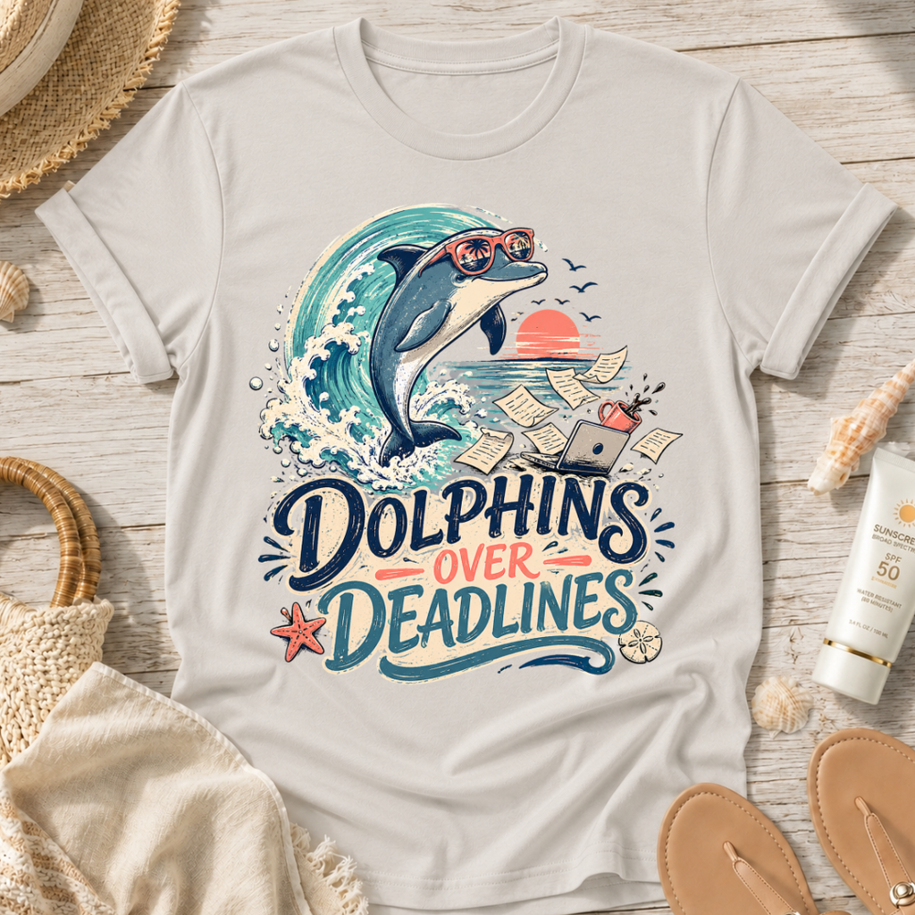 Dolphins Over Deadlines Beach T-Shirt