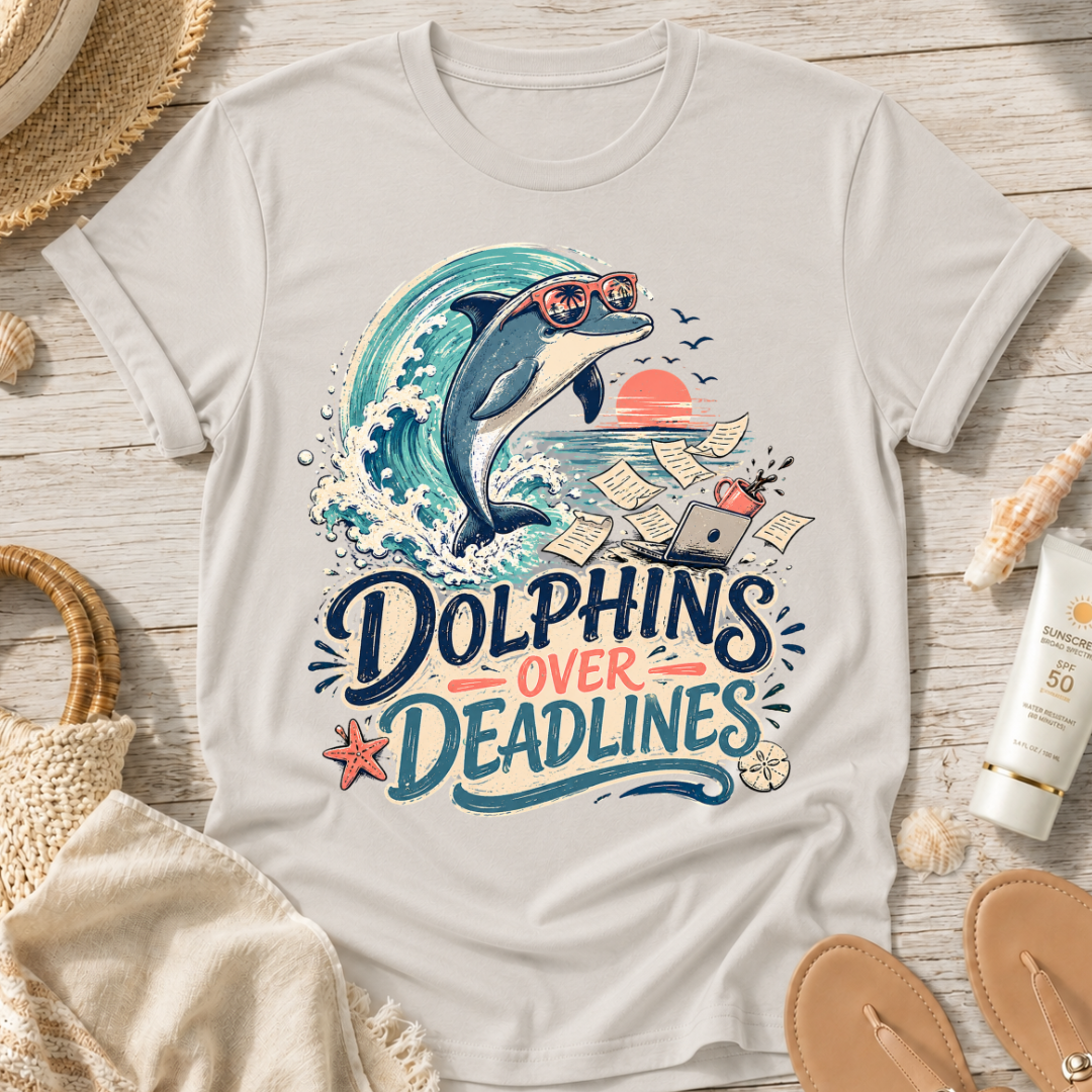 Dolphins Over Deadlines Beach T-Shirt
