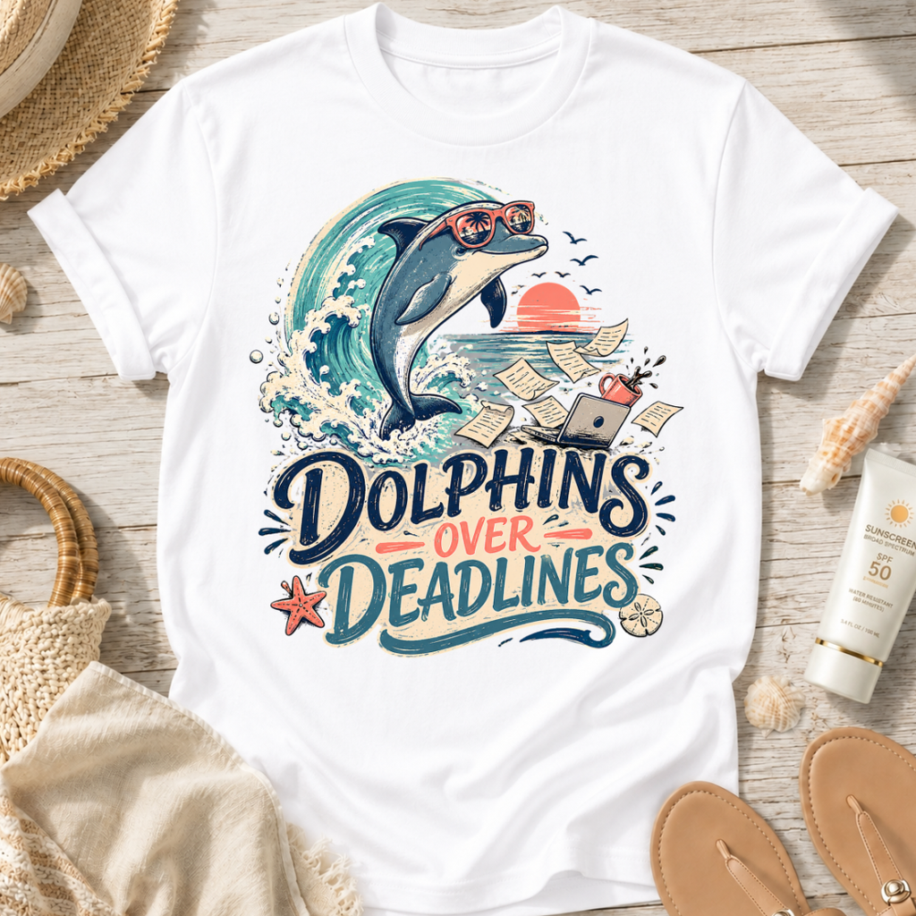 Dolphins Over Deadlines Beach T-Shirt