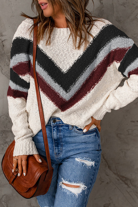 White Chevron Striped Drop Shoulder Sweater