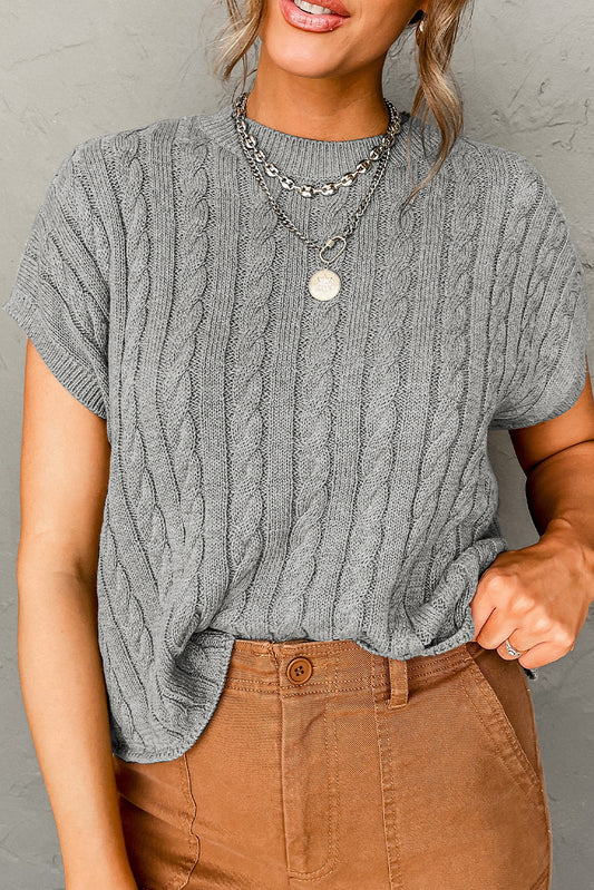 Gray Crew Neck Cable Knit Short Sleeve Sweater