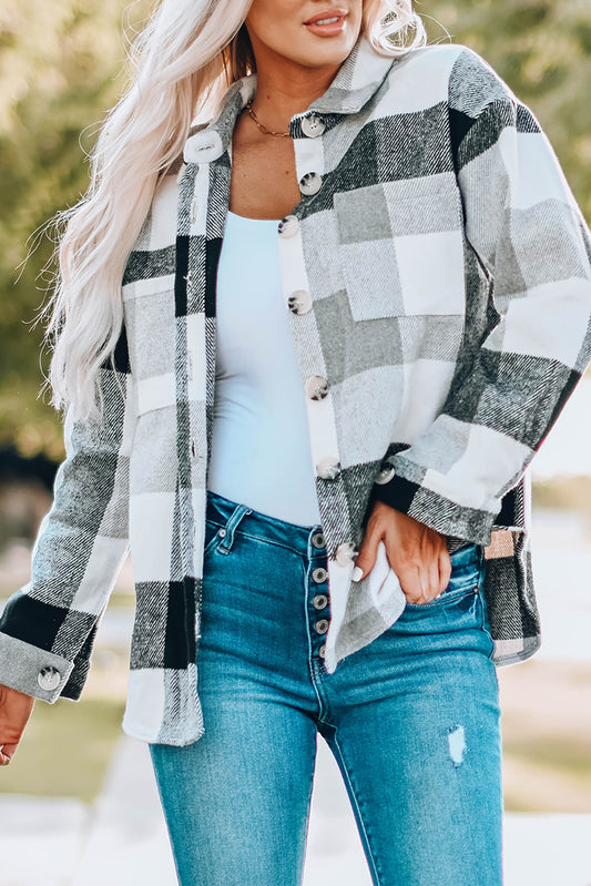 Gray Plaid Color Block Buttoned Long Sleeve Shacket with Pocket