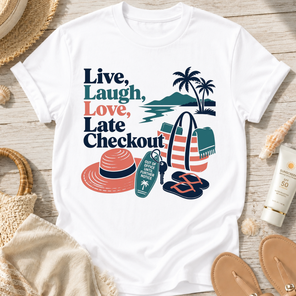 Live, Laugh, Love, Late Checkout T-Shirt