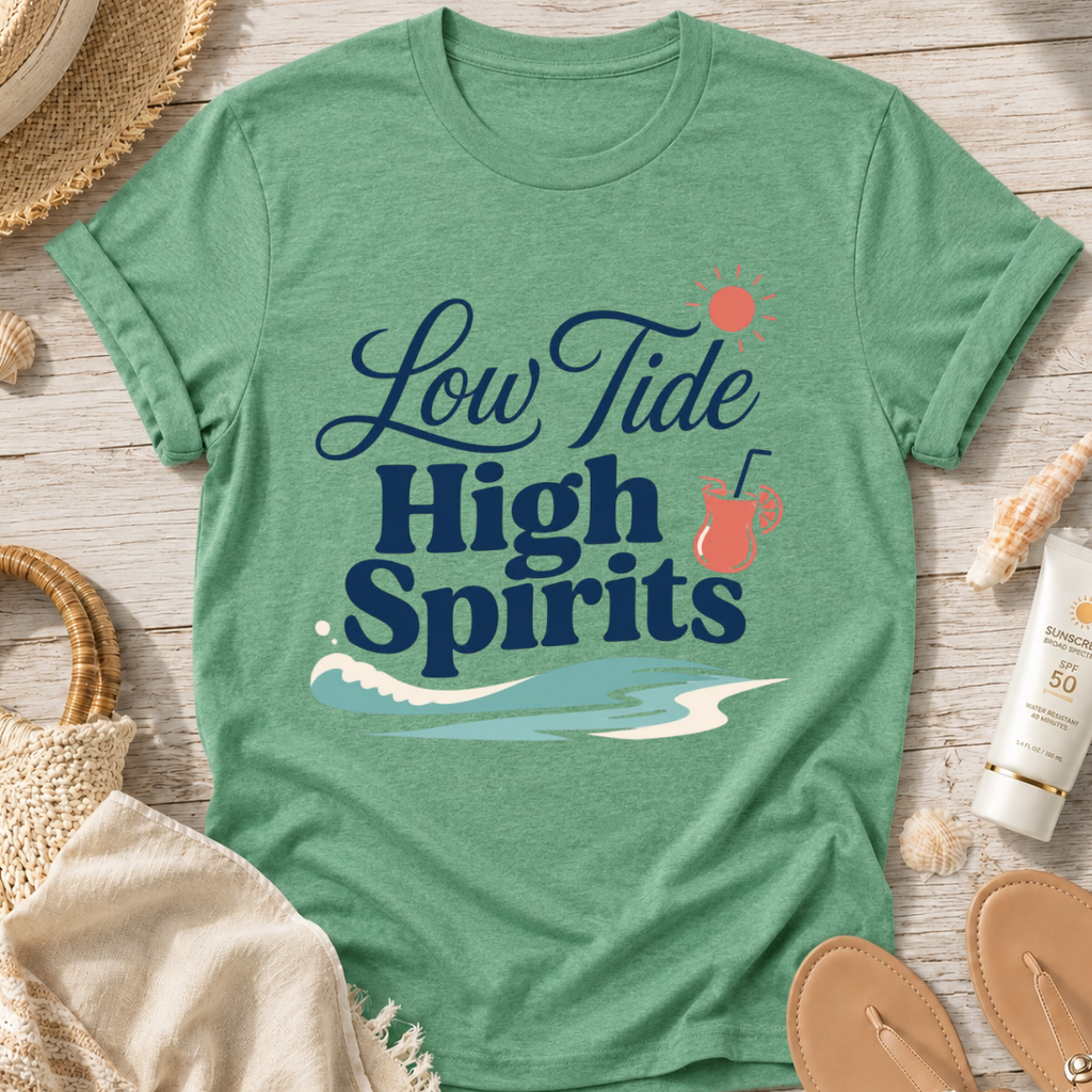 Low Tide, High Spirits Beach T-Shirt
