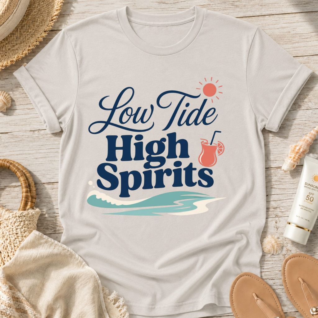 Low Tide, High Spirits Beach T-Shirt