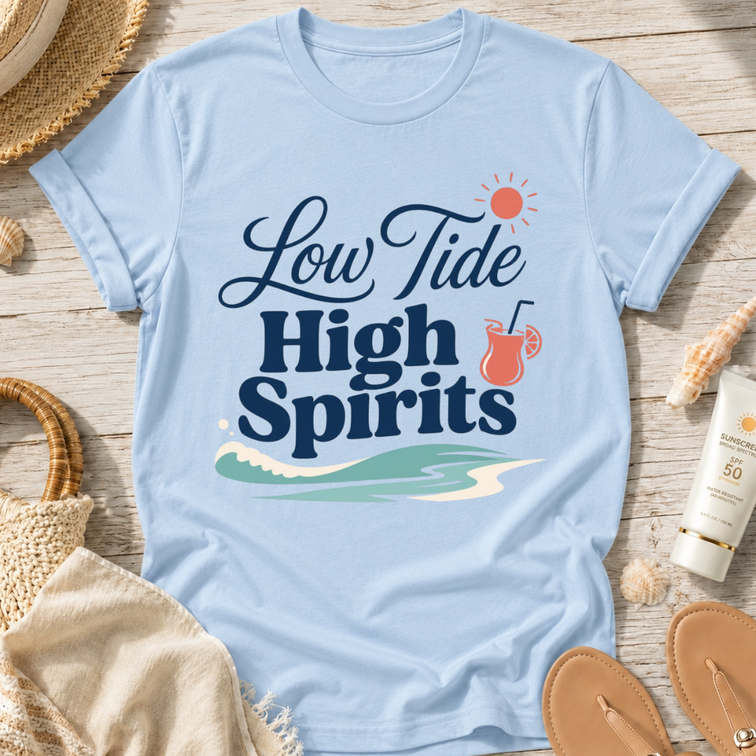 Low Tide, High Spirits Beach T-Shirt