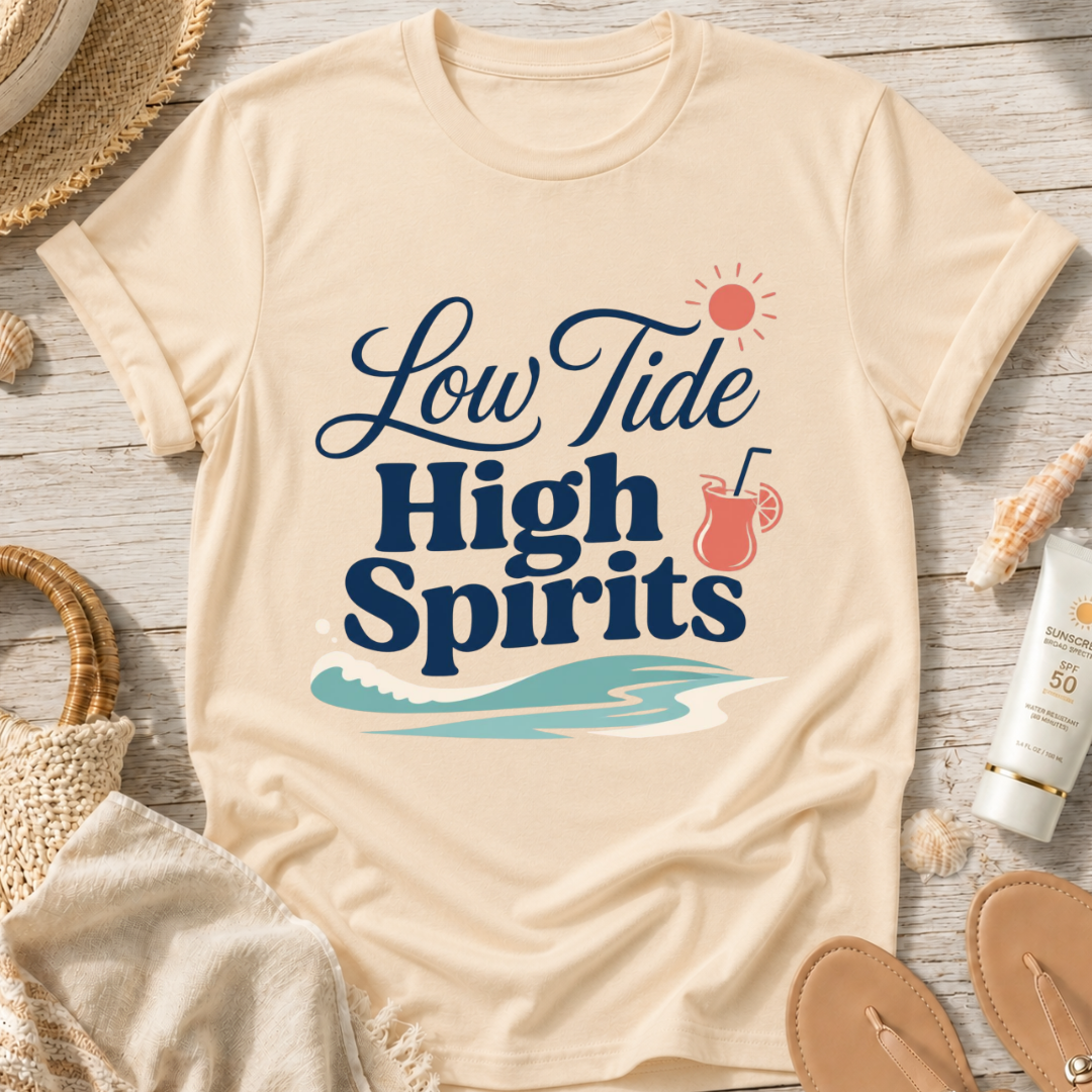 Low Tide, High Spirits Beach T-Shirt