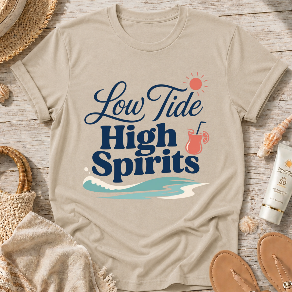 Low Tide, High Spirits Beach T-Shirt