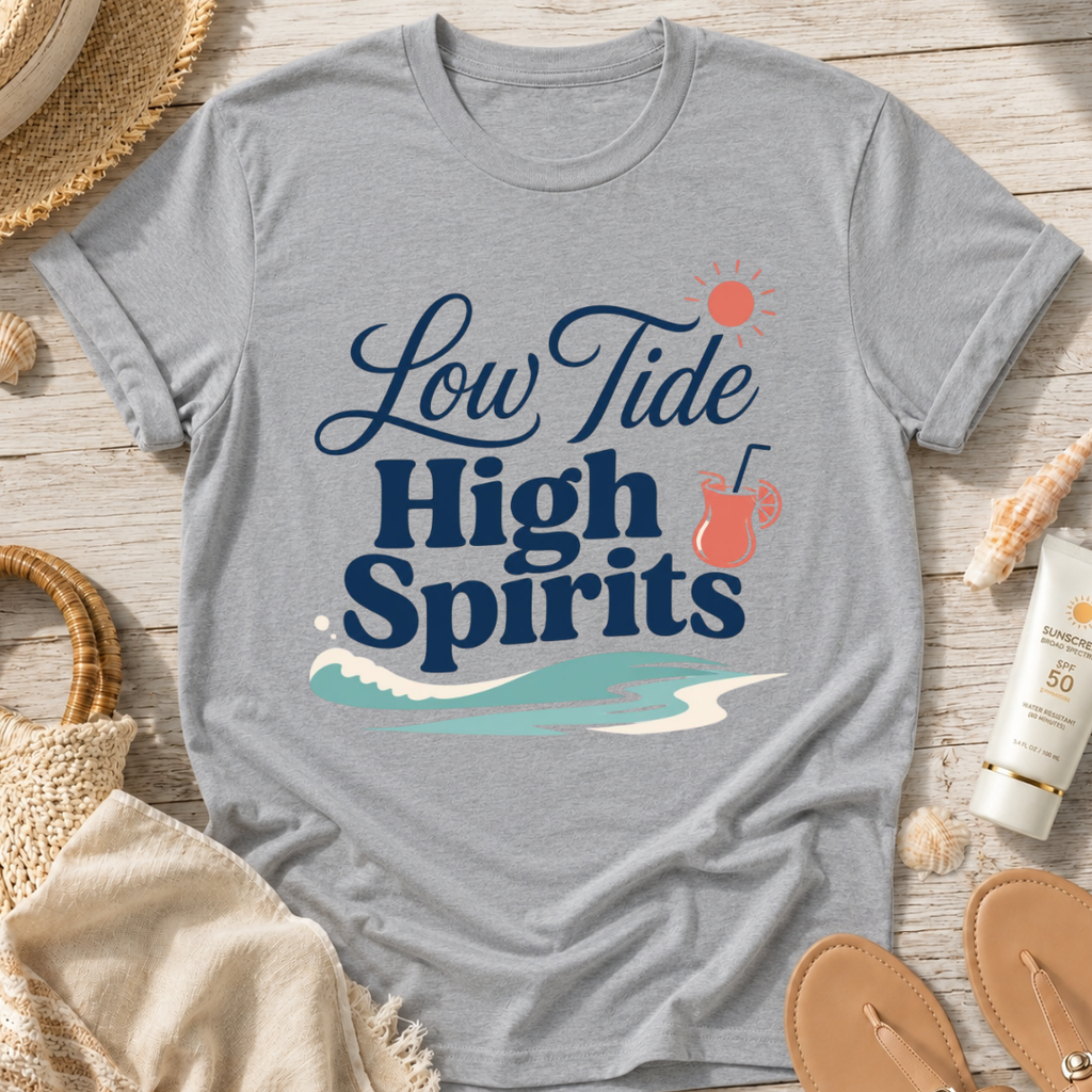 Low Tide, High Spirits Beach T-Shirt
