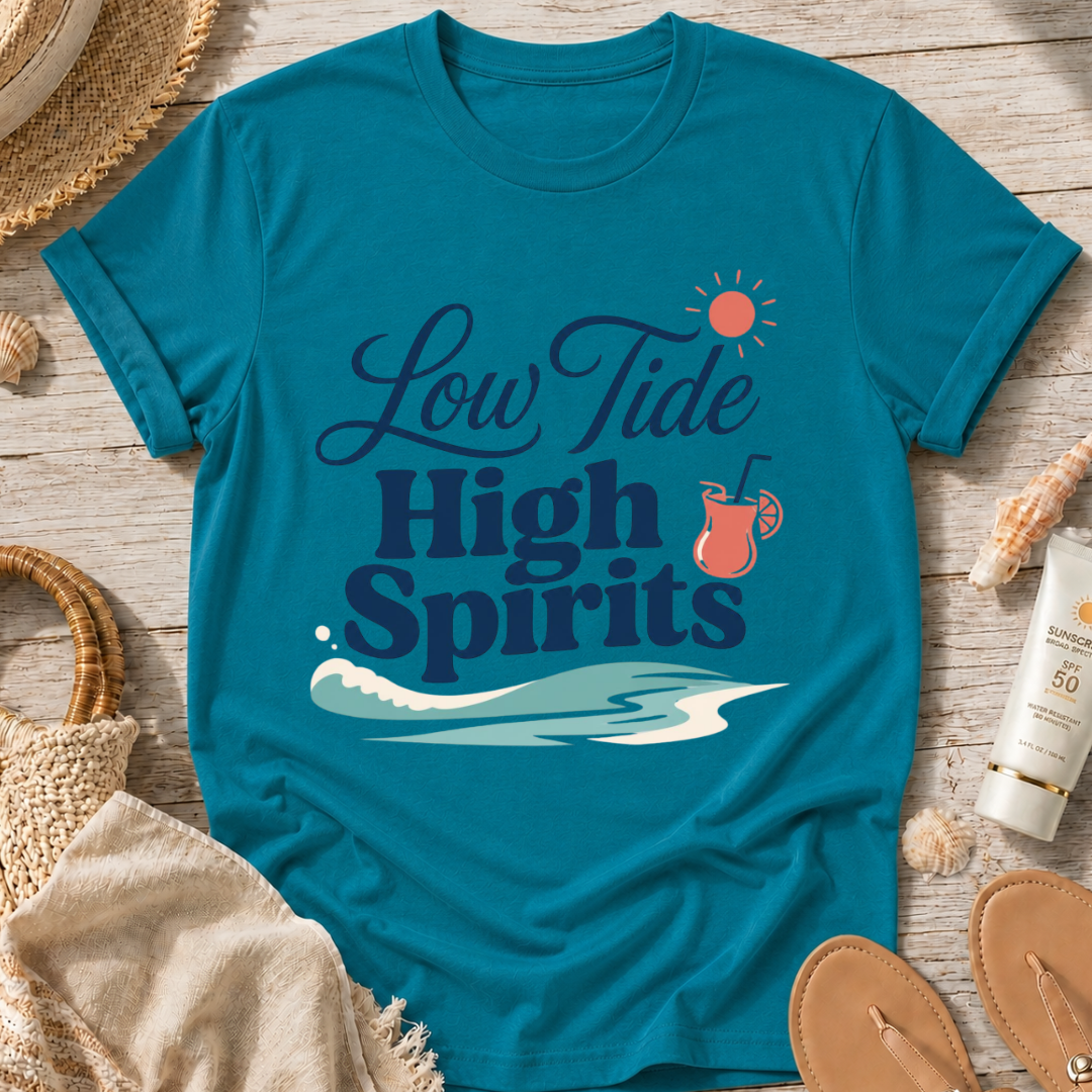 Low Tide, High Spirits Beach T-Shirt
