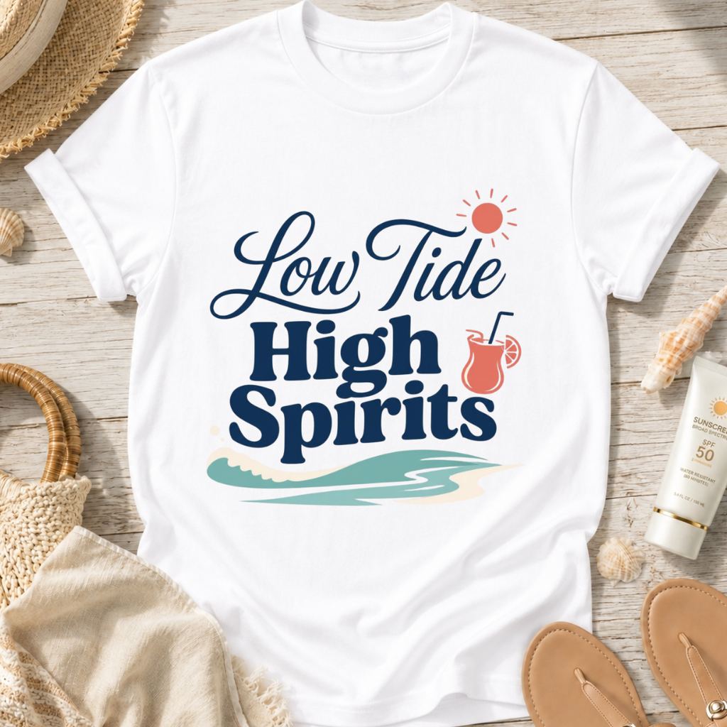 Low Tide, High Spirits Beach T-Shirt